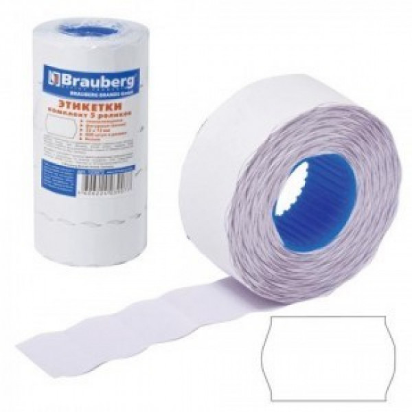 Этикетки МЕ 26*12BRAUBERG, КОМПЛЕКТ 5 рул. по 800шт., волна, белая - 1